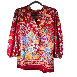 Vintage 1970s Floral Quarter Button Blouse Red Multi Color Hippie VTG 🌸 ✌️